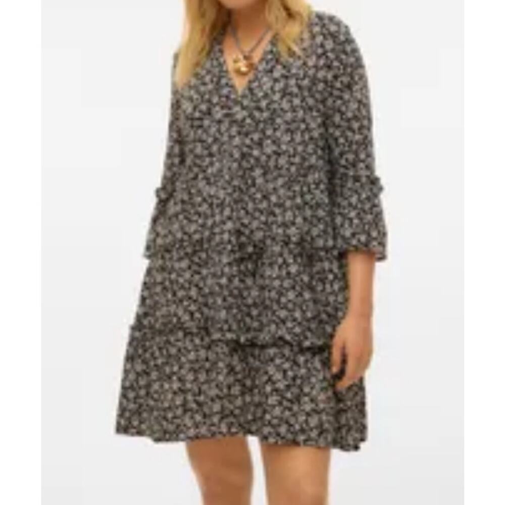 Flag & Anthem Womens V-Neck Ruffle Tears 3/4 Sleeves Floral Midi Dress Size M